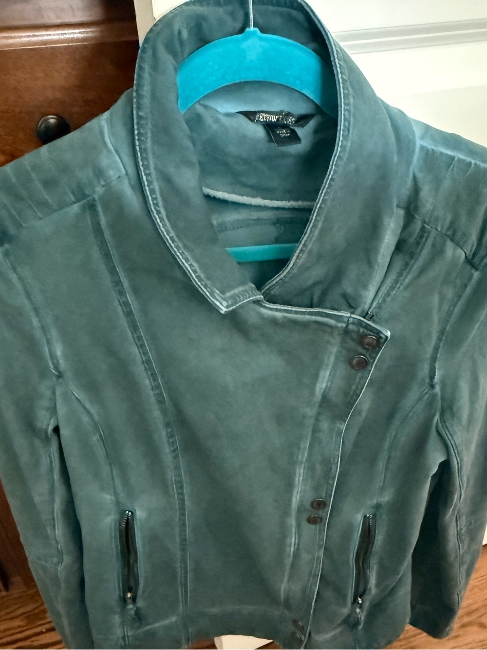 Peyton Jensen  Teal Denim Jacket with Snap and Zip Details